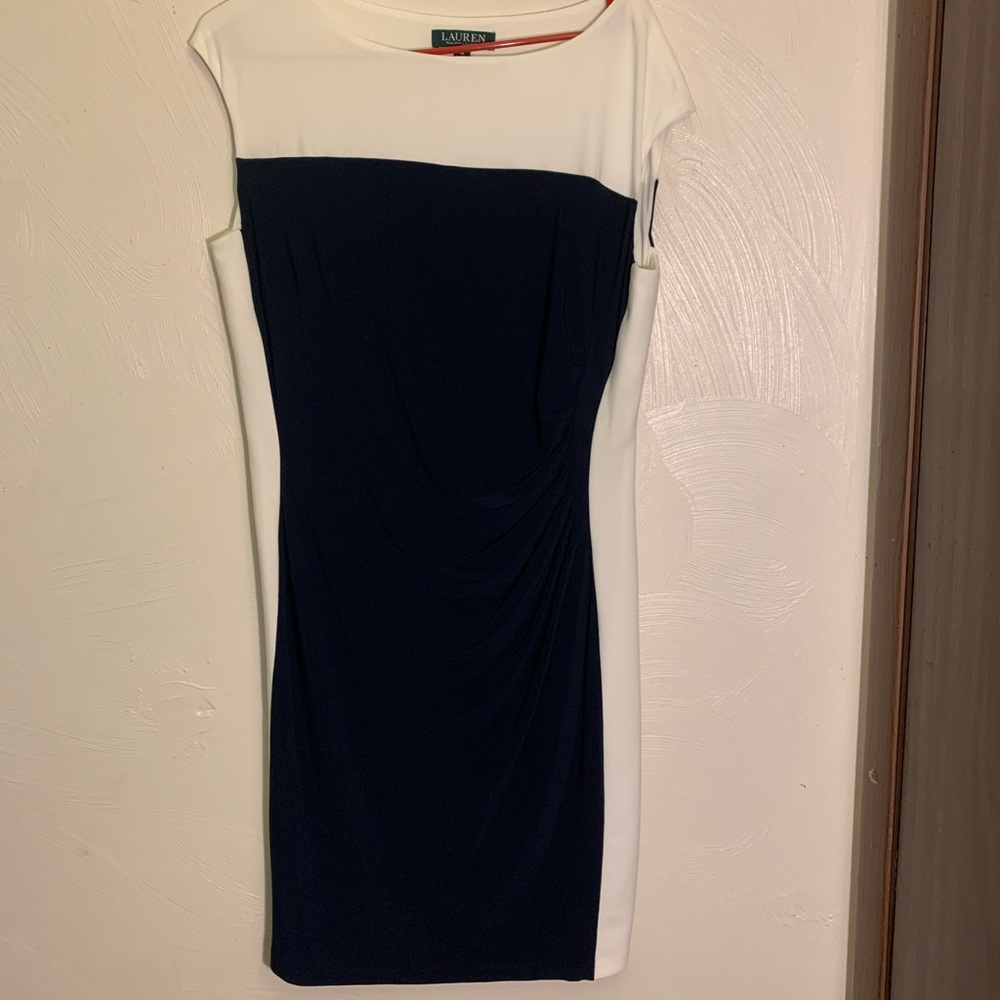 Lauren Ralph Lauren White and Cream Sheath Dress Sleeveless Crew Neck